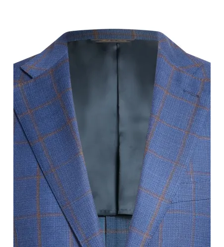 Navy Blue Windowpane Check Wool and Silk Maggiore Hand-Sewn Sport Jacket | Italian Patterned Sport Coat