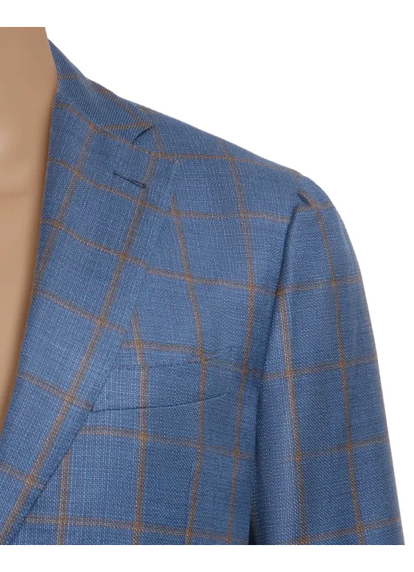 Navy Blue Windowpane Check Wool and Silk Maggiore Hand-Sewn Sport Jacket | Italian Patterned Sport Coat