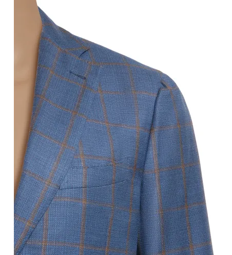 Navy Blue Windowpane Check Wool and Silk Maggiore Hand-Sewn Sport Jacket | Italian Patterned Sport Coat