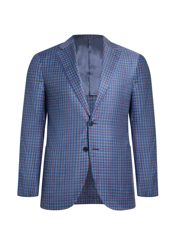 Blue Multi-Check Wool and Cotton Lipari Hand-Sewn Sport Jacket | Italian Patterned Blazer