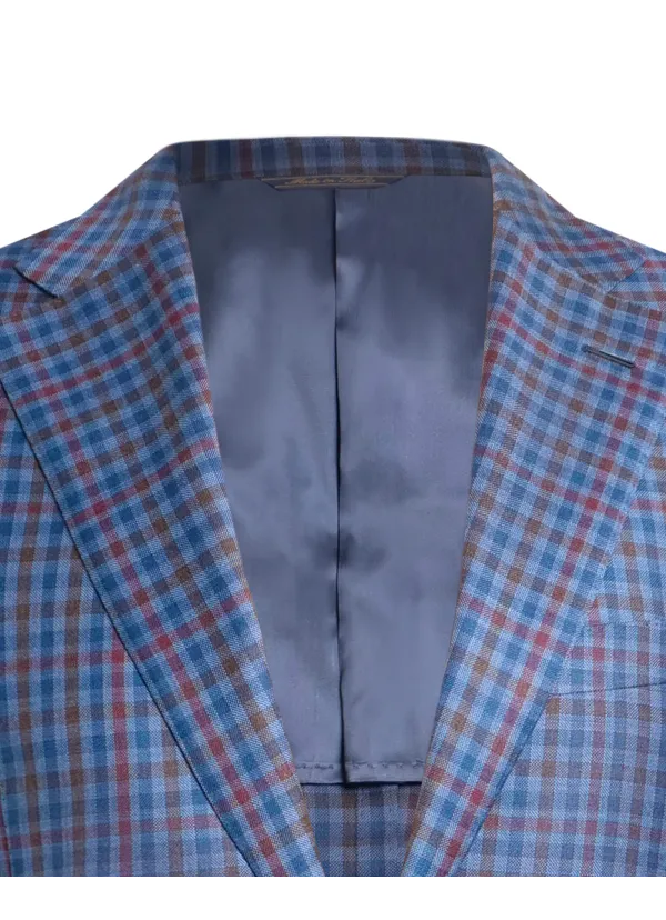 Blue Multi-Check Wool and Cotton Lipari Hand-Sewn Sport Jacket | Italian Patterned Blazer