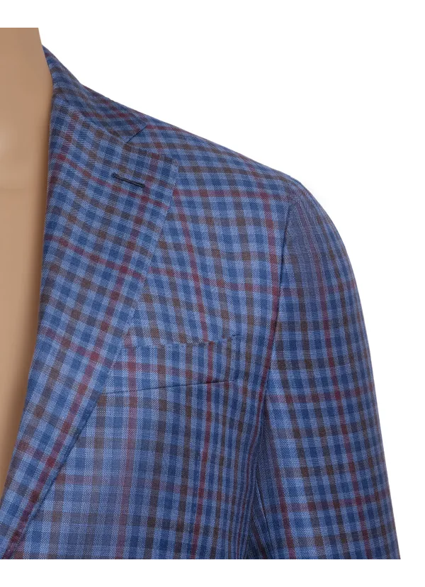 Blue Multi-Check Wool and Cotton Lipari Hand-Sewn Sport Jacket | Italian Patterned Blazer