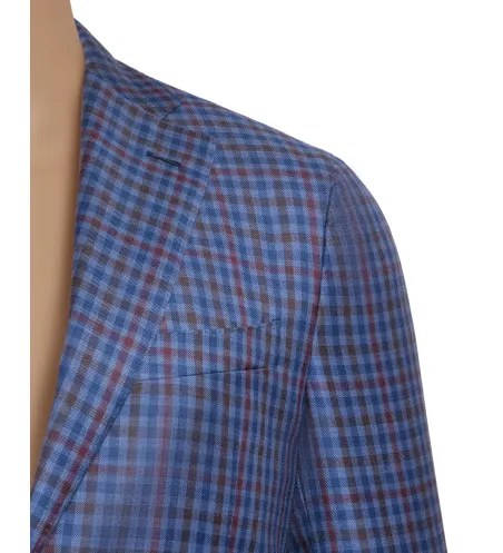 Blue Multi-Check Wool and Cotton Lipari Hand-Sewn Sport Jacket | Italian Patterned Blazer