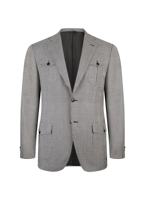 Black White Check Italian Sport Jacket | Hand-Sewn Safari Pockets | DELETTO in Milano