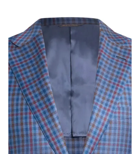 Blue Multi-Check Wool and Cotton Lipari Hand-Sewn Sport Jacket | Italian Patterned Blazer