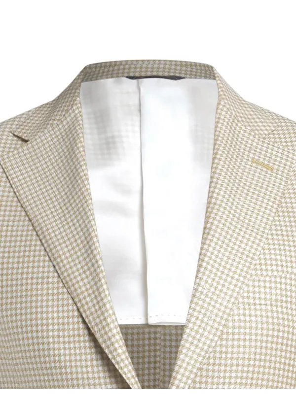 Beige Micro-Check Linen and Cotton Lipari Hand-Sewn Sport Jacket | Italian Summer Blazer