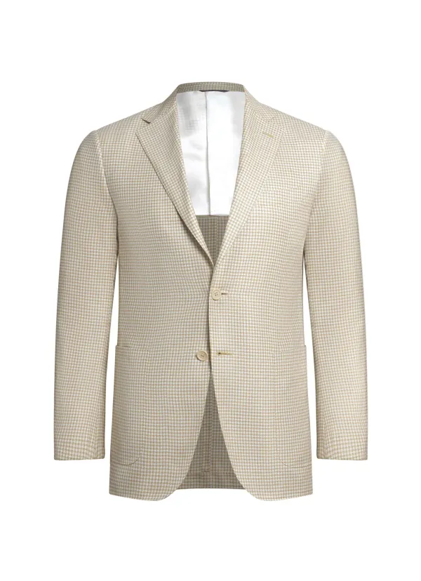 Beige Micro-Check Linen and Cotton Lipari Hand-Sewn Sport Jacket | Italian Summer Blazer
