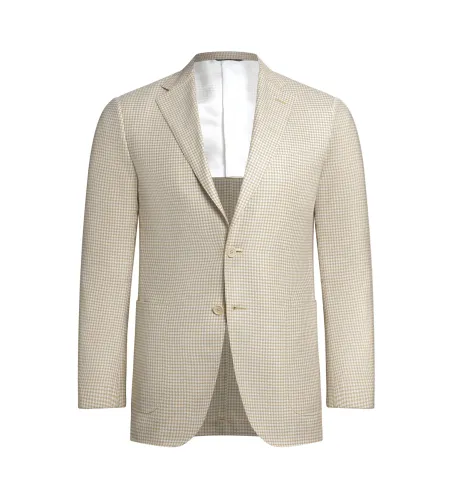 Beige Micro-Check Linen and Cotton Lipari Hand-Sewn Sport Jacket | Italian Summer Blazer