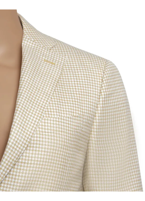 Beige Micro-Check Linen and Cotton Lipari Hand-Sewn Sport Jacket | Italian Summer Blazer