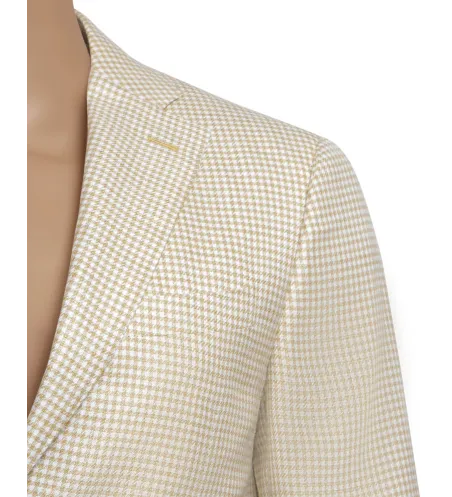 Beige Micro-Check Linen and Cotton Lipari Hand-Sewn Sport Jacket | Italian Summer Blazer