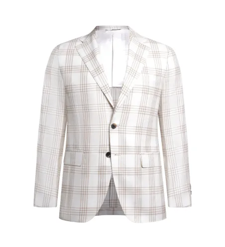 Cream White Prince of Wales Check Linen and Cotton Maggiore Hand-Sewn Sport Jacket | Italian Summer Sport Coat