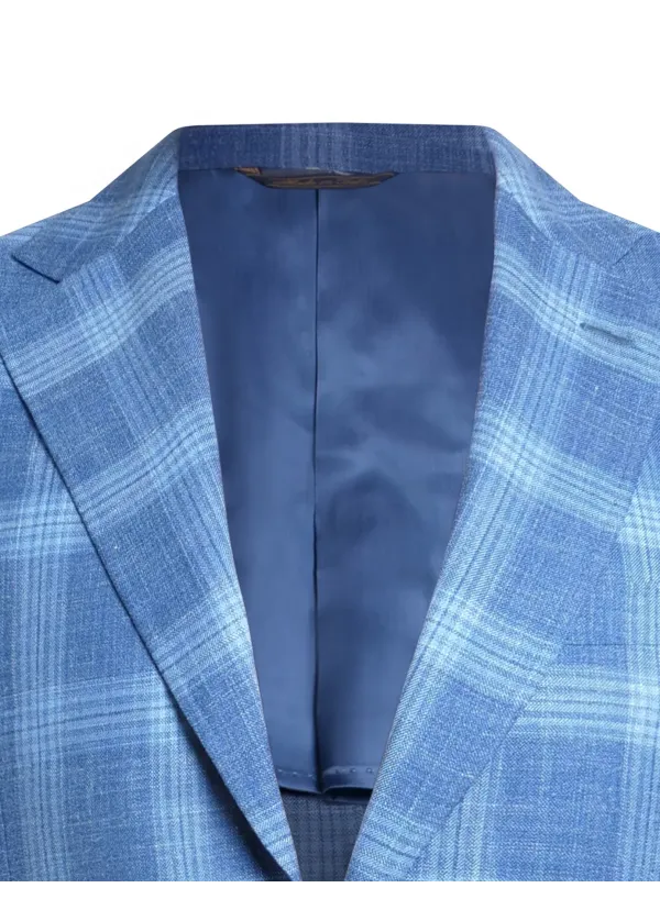 Light Blue Windowpane Check Wool and Silk Maggiore Hand-Sewn Sport Jacket | Italian Lightweight Patterned Jacket