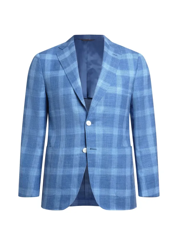 Light Blue Windowpane Check Wool and Silk Maggiore Hand-Sewn Sport Jacket | Italian Lightweight Patterned Jacket