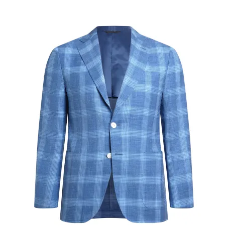 Light Blue Windowpane Check Wool and Silk Maggiore Hand-Sewn Sport Jacket | Italian Lightweight Patterned Jacket