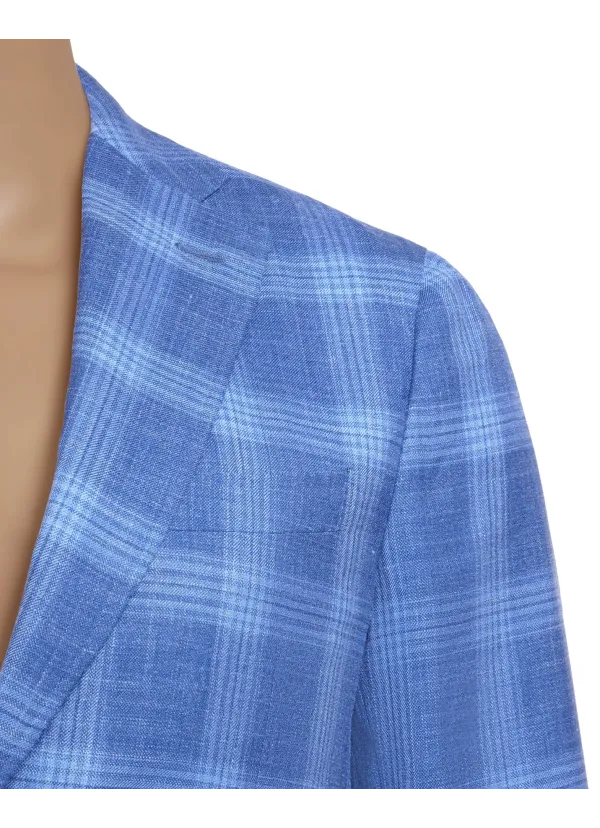 Light Blue Windowpane Check Wool and Silk Maggiore Hand-Sewn Sport Jacket | Italian Lightweight Patterned Jacket