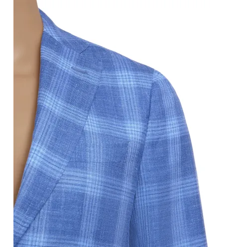 Light Blue Windowpane Check Wool and Silk Maggiore Hand-Sewn Sport Jacket | Italian Lightweight Patterned Jacket