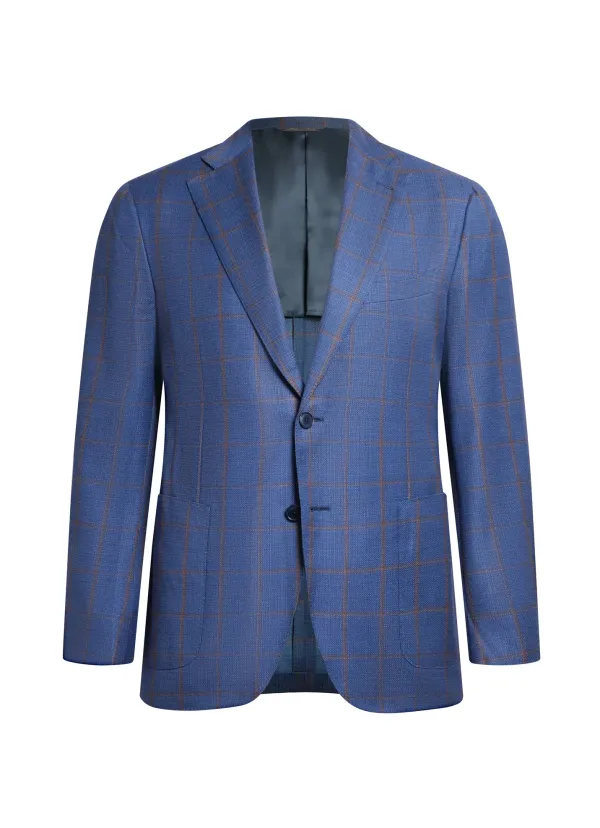 Navy Blue Windowpane Check Wool and Silk Maggiore Hand-Sewn Sport Jacket | Italian Patterned Sport Coat