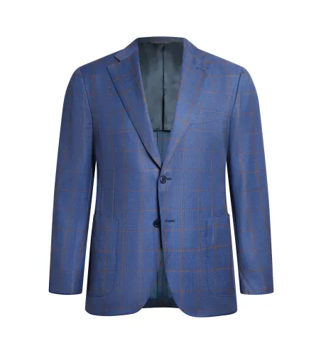 Navy Blue Windowpane Check Wool and Silk Maggiore Hand-Sewn Sport Jacket | Italian Patterned Sport Coat